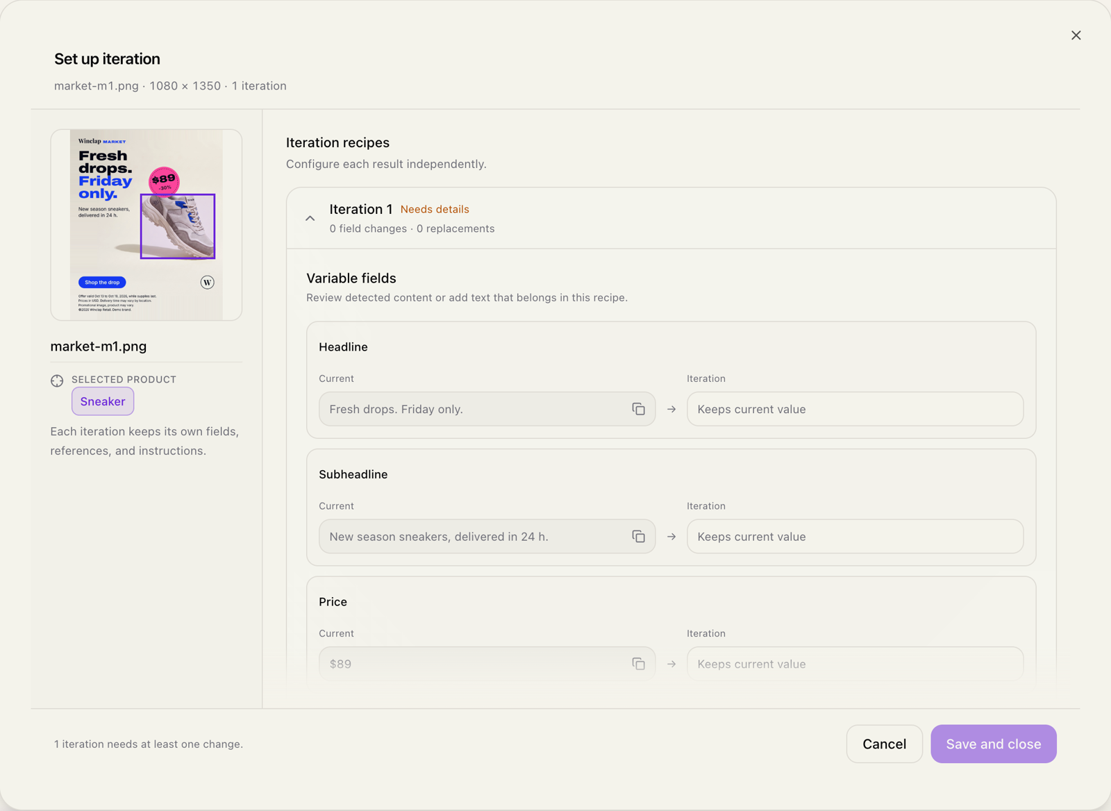 PixFit Iterate screen listing the detected headline, subheadline and price fields of a key visual